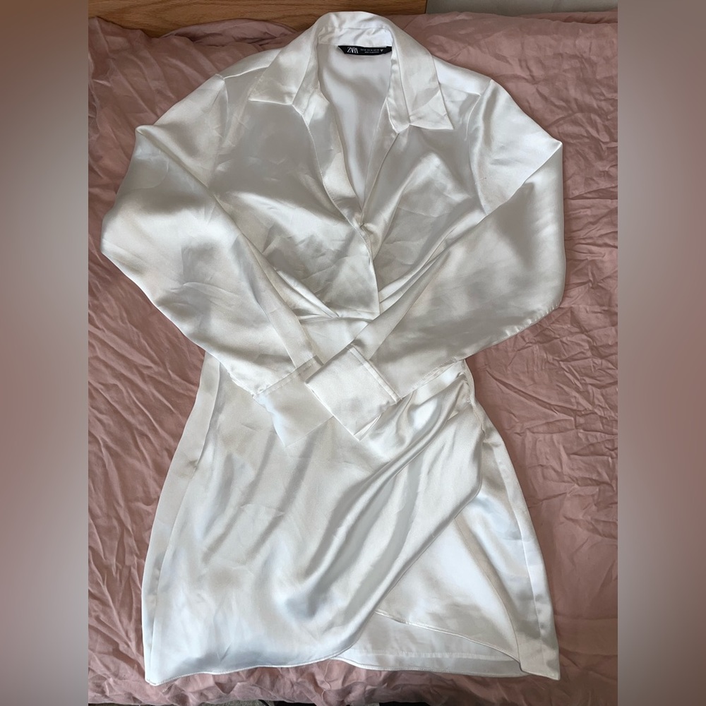 Zara White Satin Effect Shirt Dress